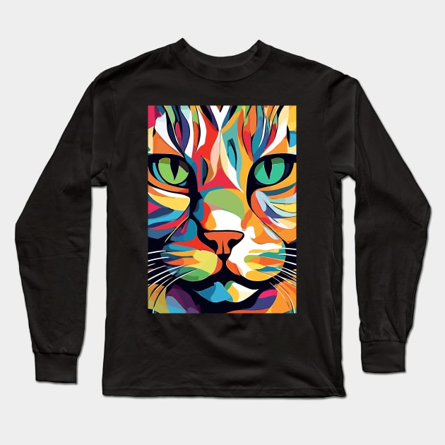 Colorful Cat Face Abstract Art Long Sleeve T-Shirt by Art-Jiyuu